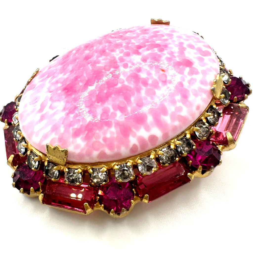 Vintage gold tone oval pink mottled art glass cabochon rhinestones brooch