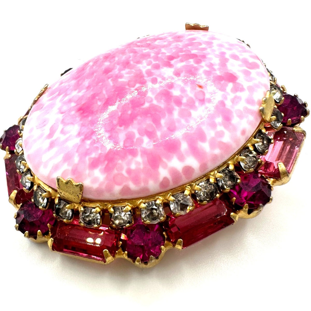 Vintage gold tone oval pink mottled art glass cabochon rhinestones brooch