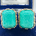 Reja 1940s vintage gold tone green swirled “Peking” art glass clip on earrings