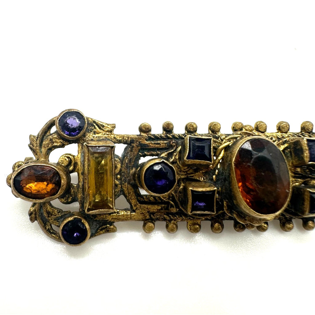 Antique 1800s gold gilt multicolor glass gems Etruscan Revival bar pin brooch