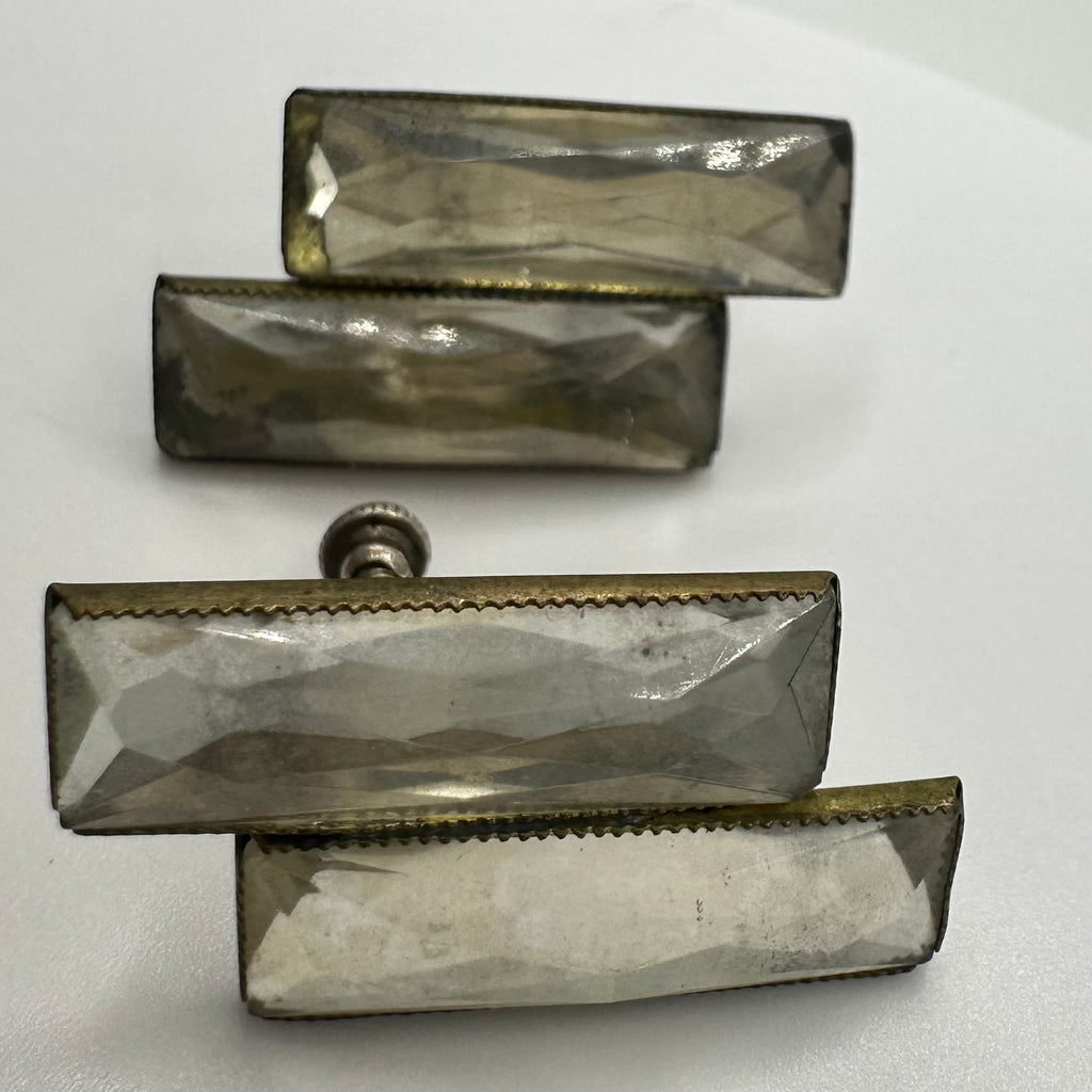 Antique Art Deco 1920s brass Czech glass sterling silver screw back earrings