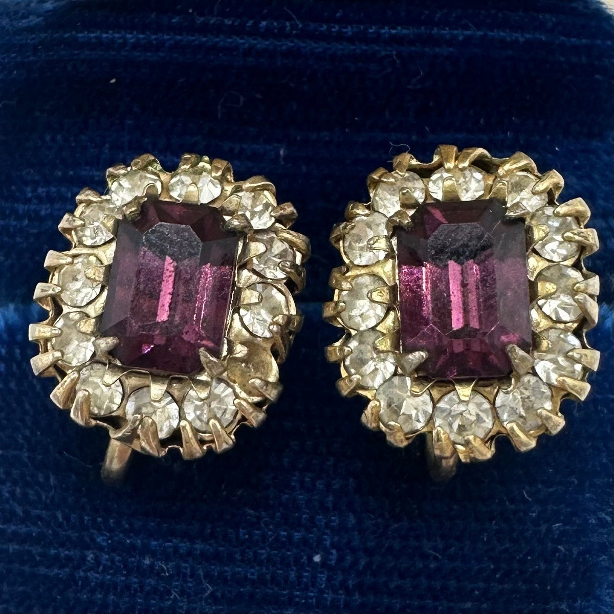 Vargas vintage gold tone purple clear glass rhinestones screw back earrings