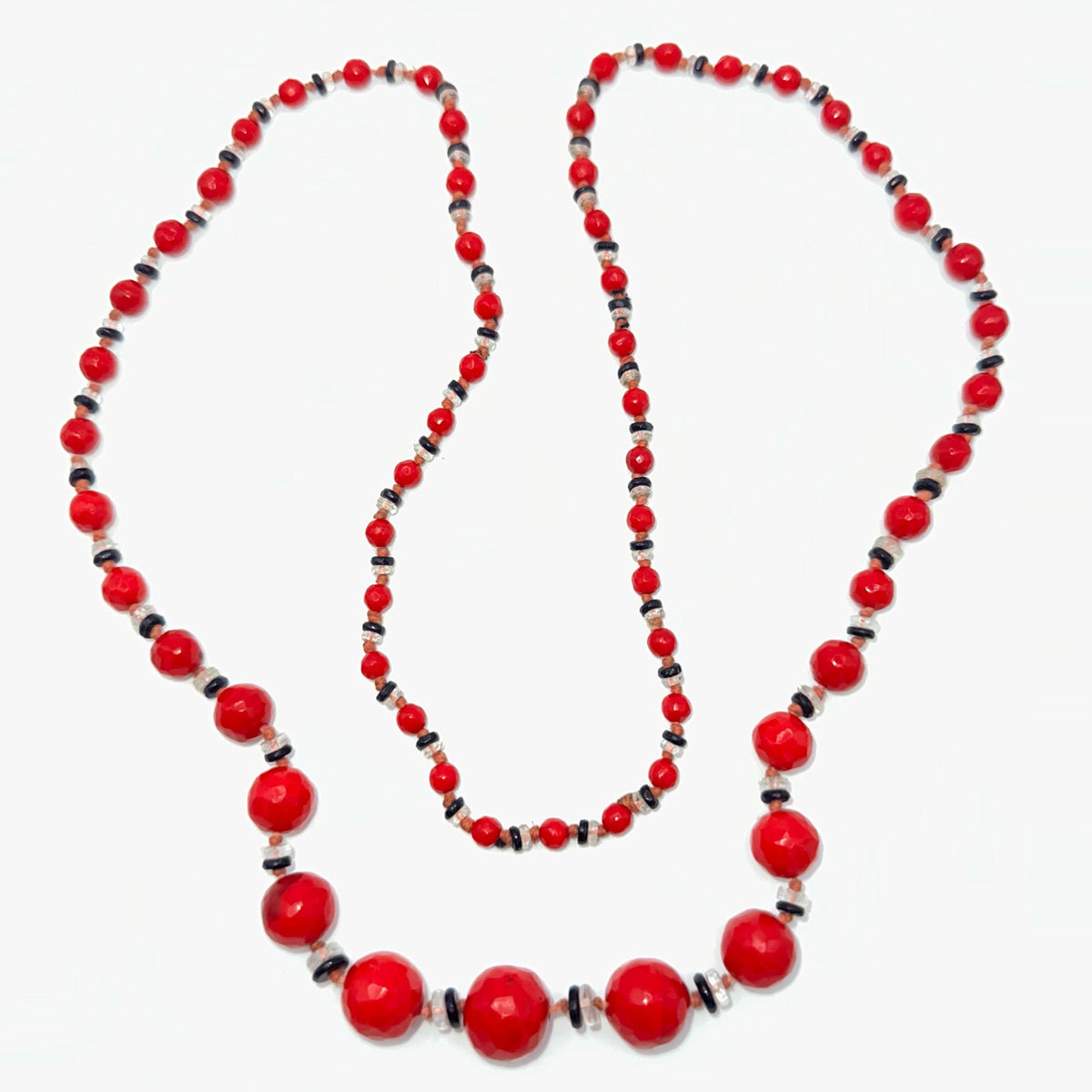 Antique Art Deco 1930s red black Czech glass beads beaded graduated 33” necklace