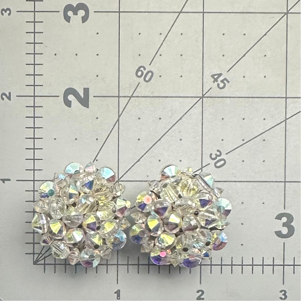 Hobé vintage silver tone aurora borealis glass beaded cluster clip on earrings