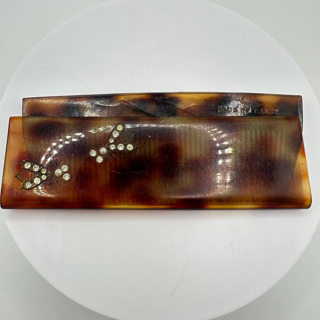 Made in France vintage faux tortoiseshell celluloid rhinestone bees hair comb