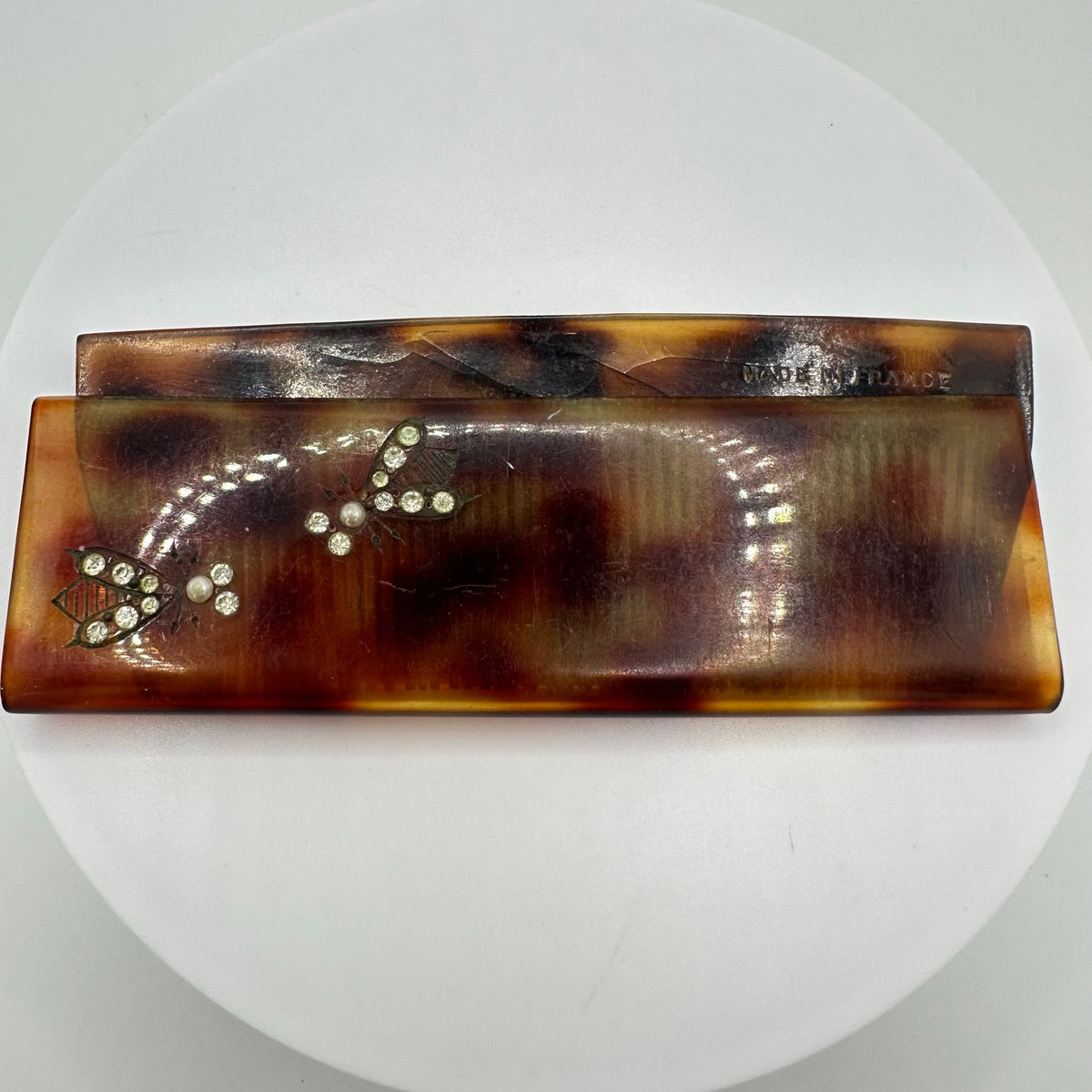 Made in France vintage faux tortoiseshell celluloid rhinestone bees hair comb