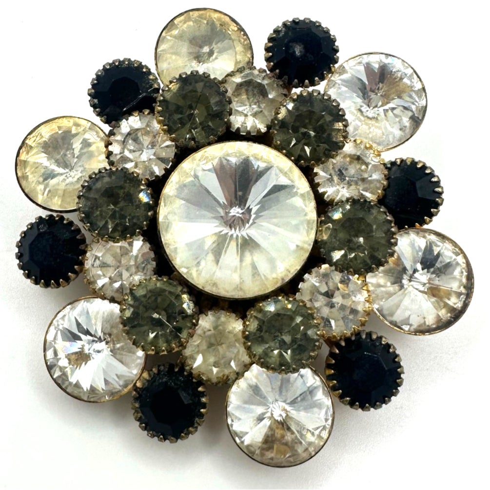 Vintage gold tone large clear rivolis smoky gray black rhinestones brooch