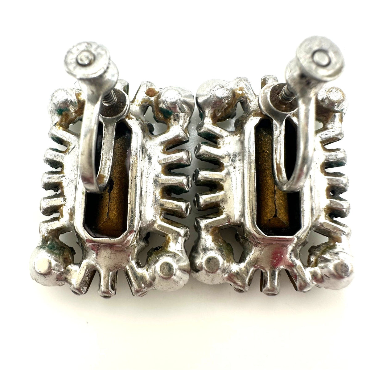1940s vintage sterling silver purple clear glass rhinestones screw back earrings