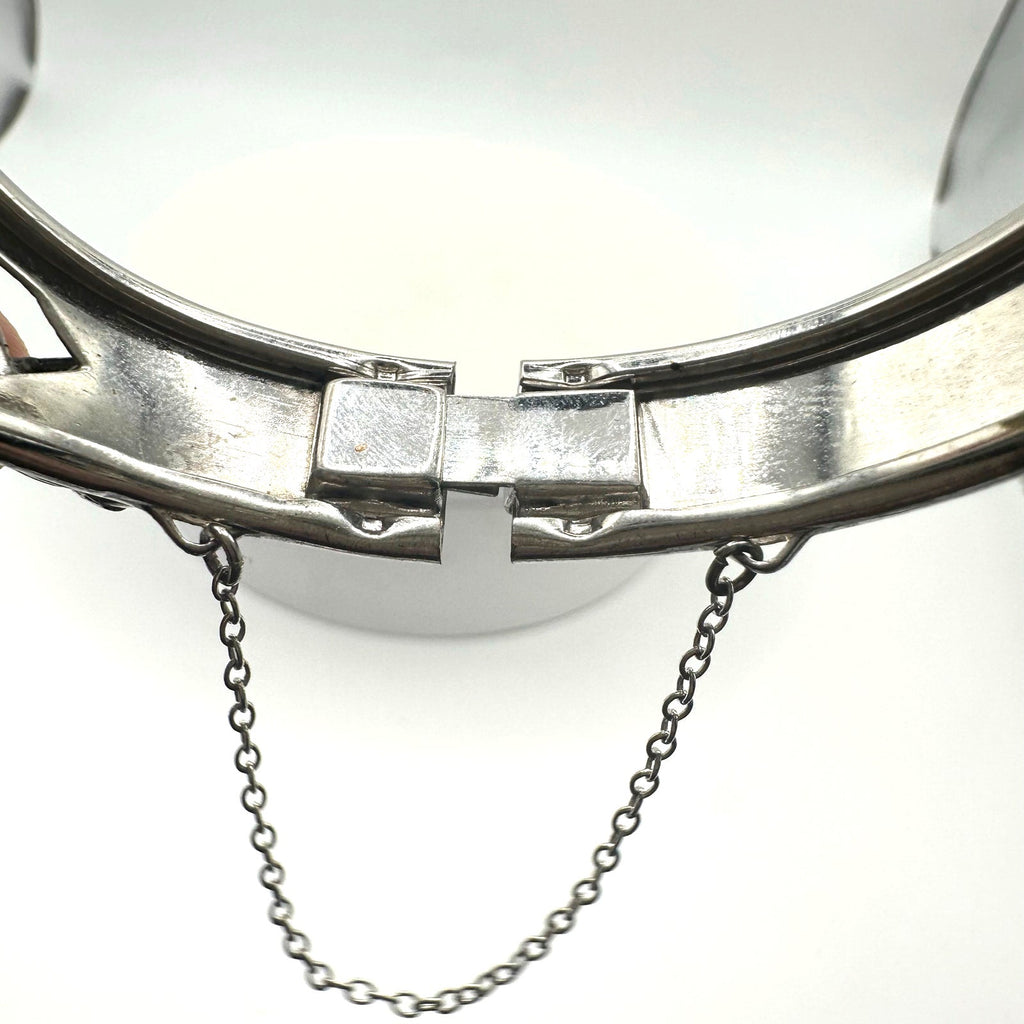 Vintage Victorian Revival silver tone hematite glass hinged bangle bracelet