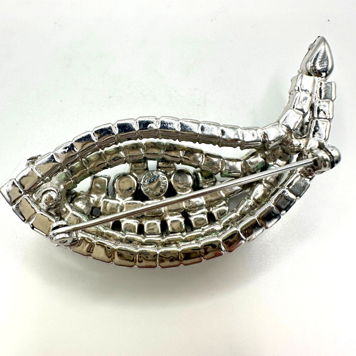 Jay Flex signed vintage sterling silver clear blue AB rhinestones paisley brooch
