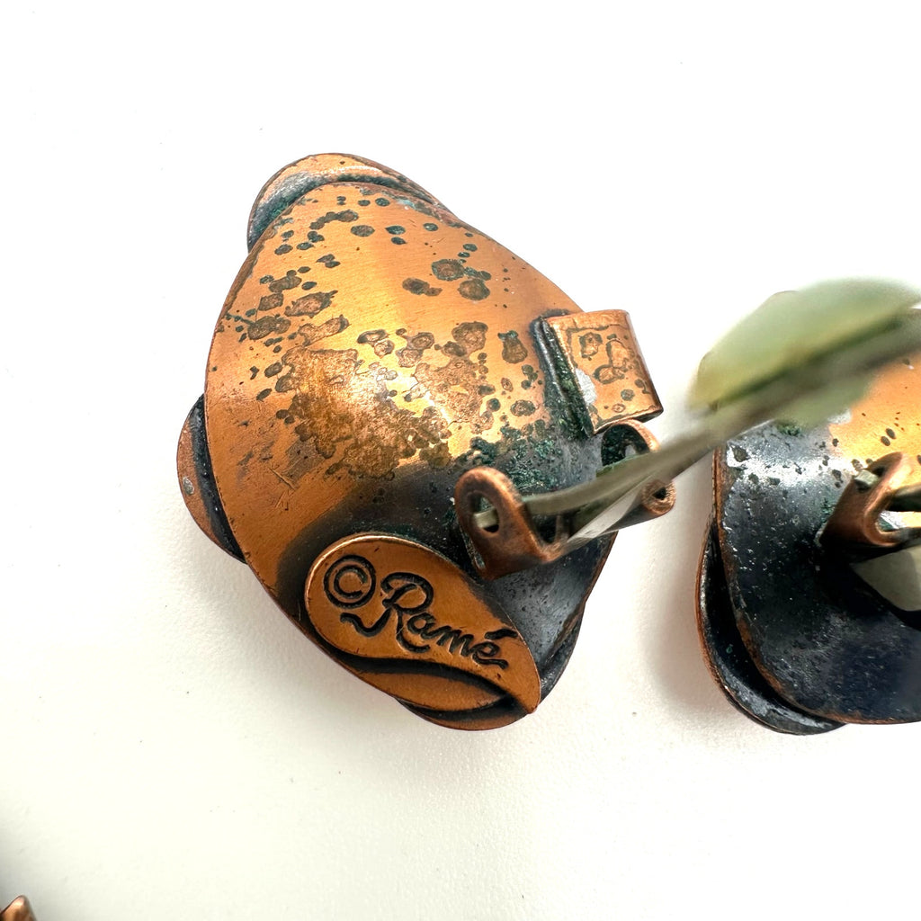 Ramé vintage solid copper modernist teardrop necklace clip on earrings set