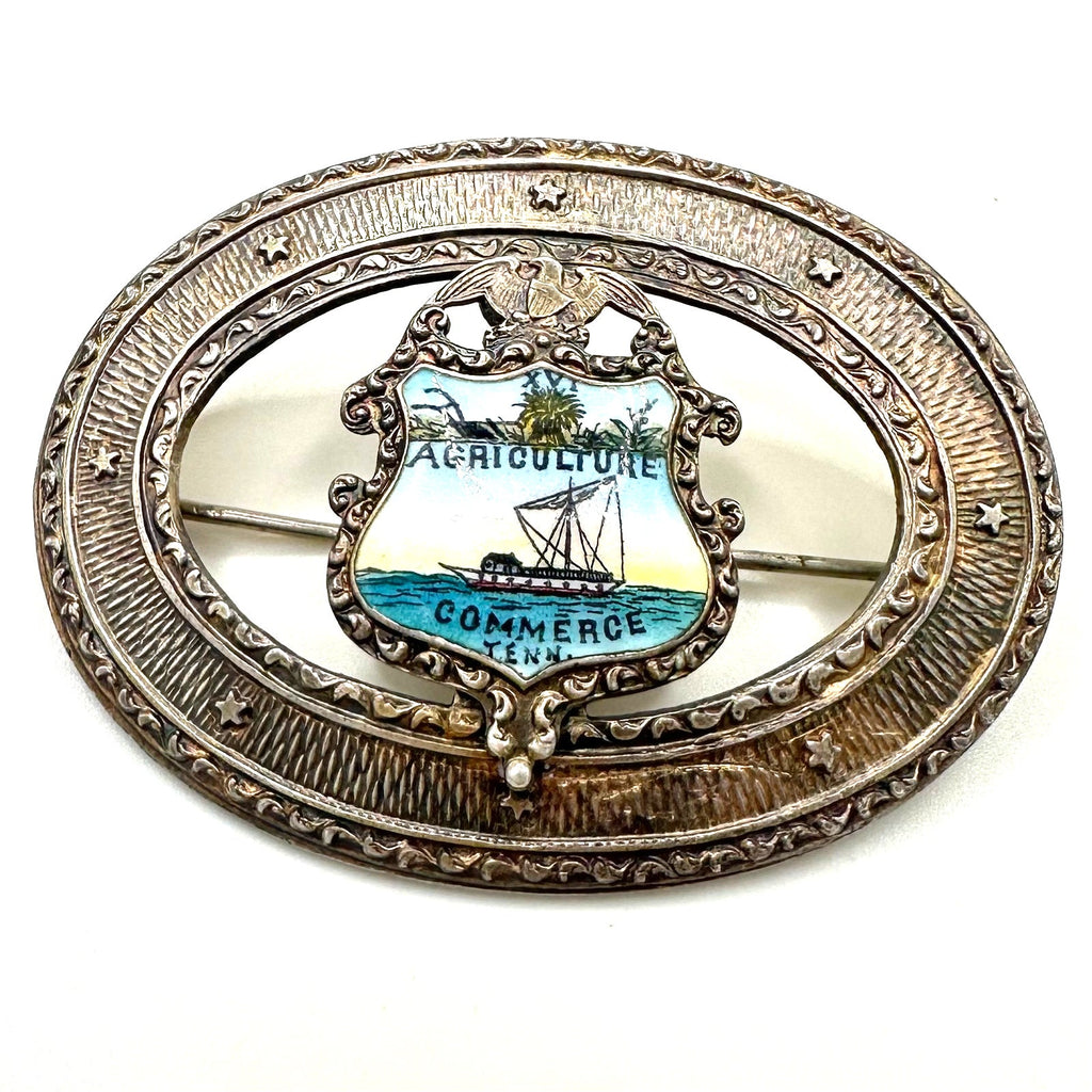 Antique 1900s sterling silver Tennessee Coat of Arms enamel sash pin brooch