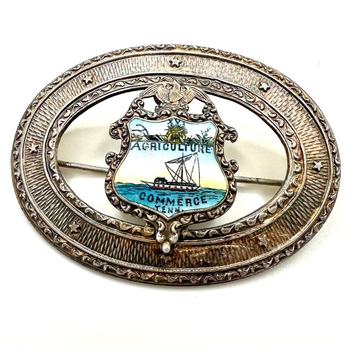 Antique 1900s sterling silver Tennessee Coat of Arms enamel sash pin brooch