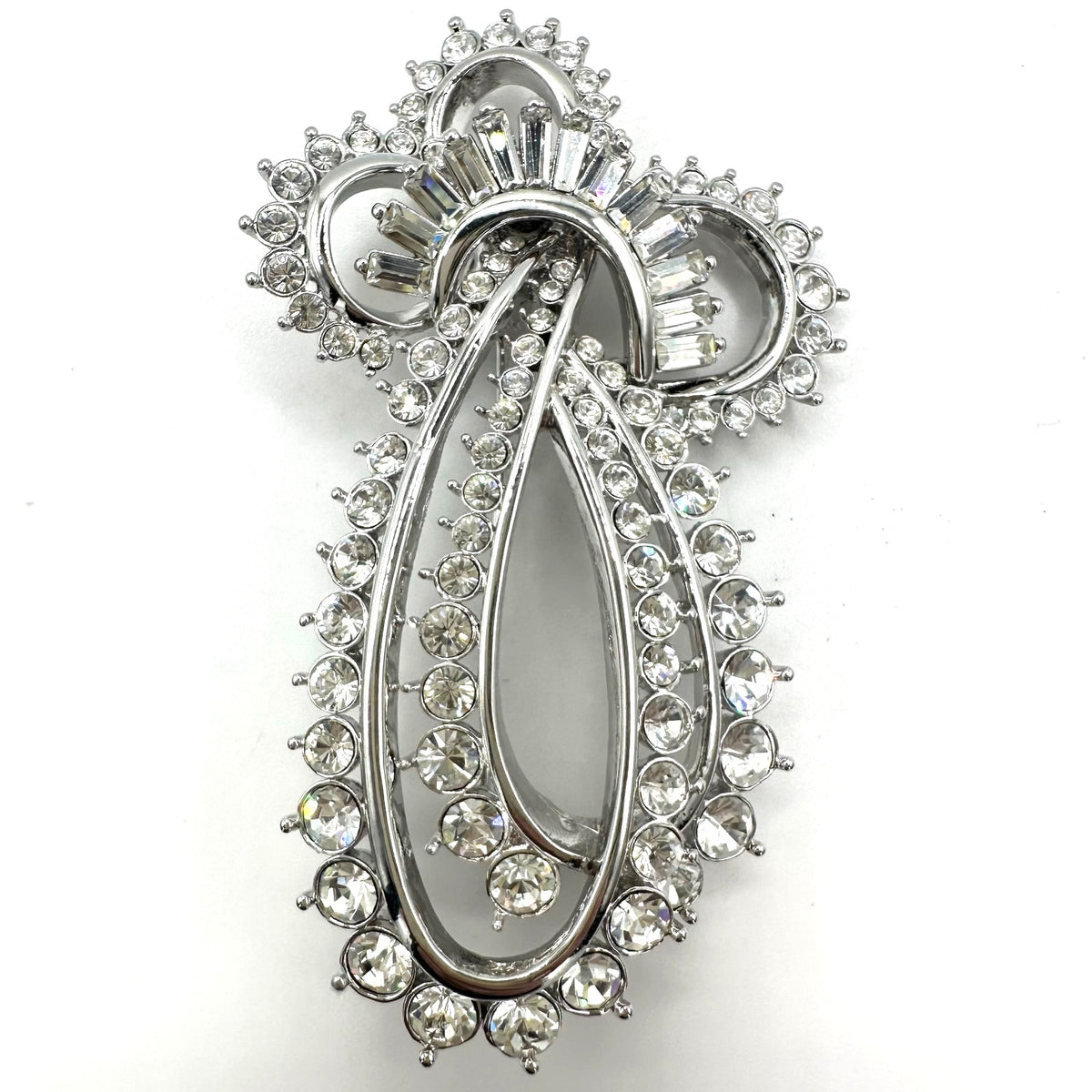 Nolan Miller vintage large silver tone clear baguettes round rhinestones brooch
