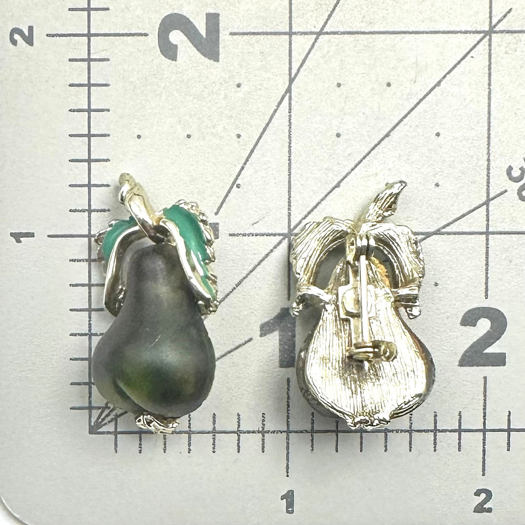 Set 2 vintage gold tone green Austrian art glass enamel pears brooches pins
