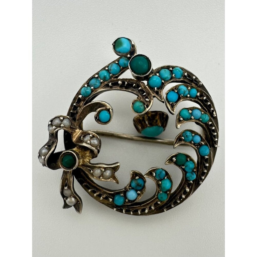 Antique Victorian 9kt gold genuine turquoise cabochons seed pearls bow brooch