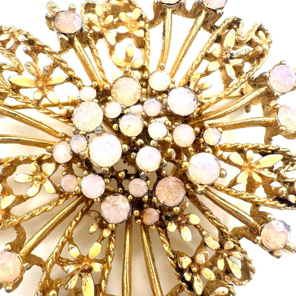 Vintage gold tone pink opalite glass rhinestones cream enamel flowers brooch