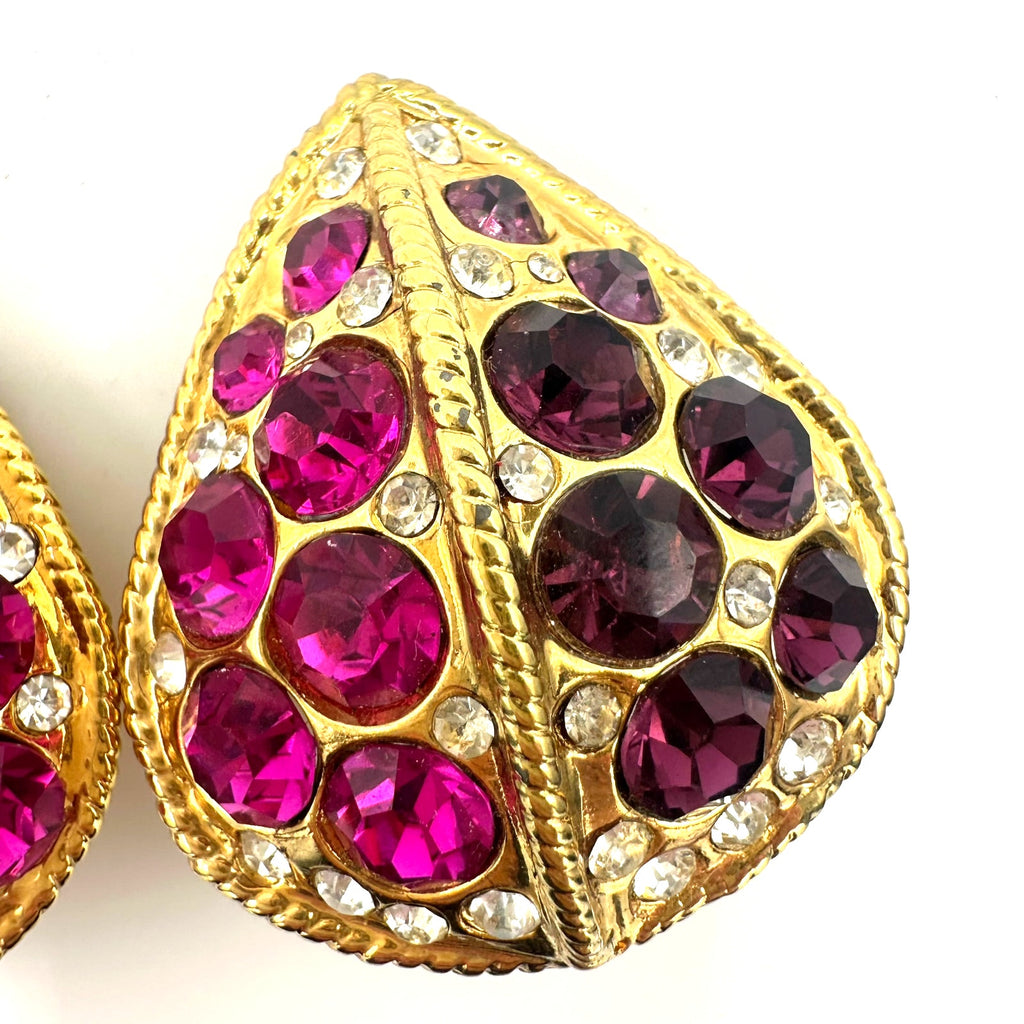 1980s vintage large gold tone pink purple clear rhinestones clip on earrings