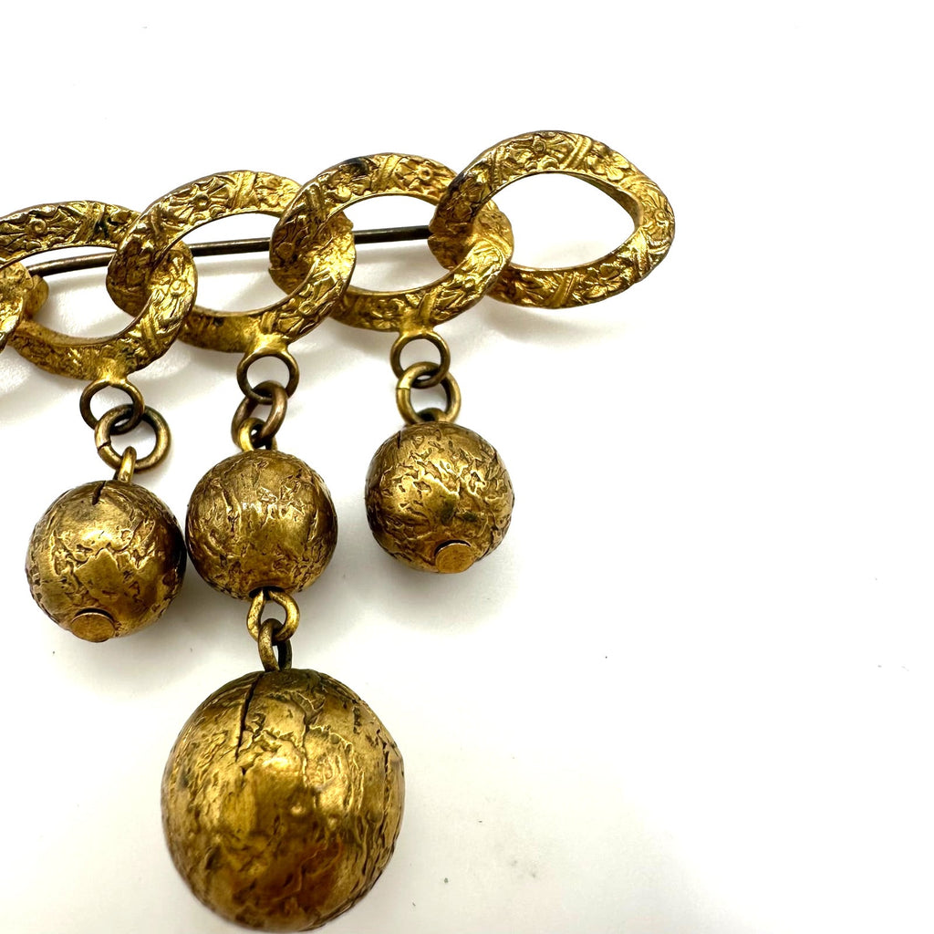 Antique Art Deco gold tone brass dangling ball charms chain bar pin brooch