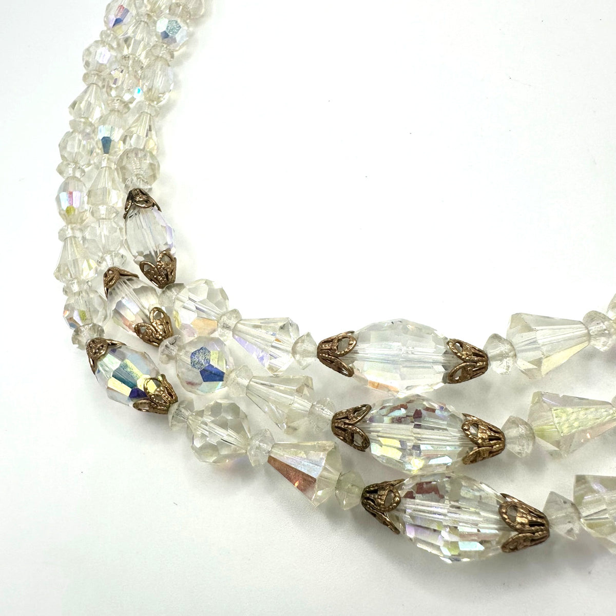 Vintage triple strand AB glass beaded gold tone filigree rhinestone necklace