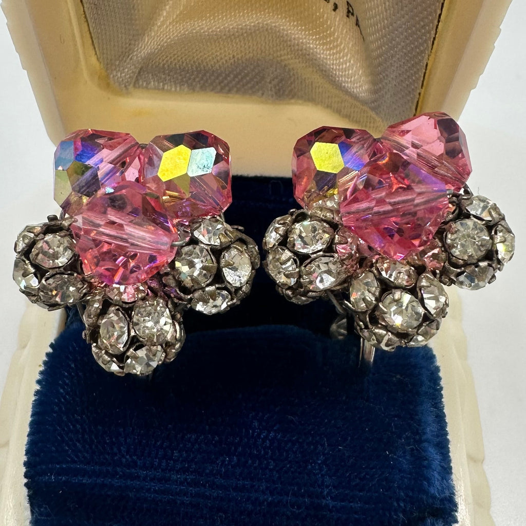 1950s vintage silver tone pink AB glass rhinestones beaded clip on earrings