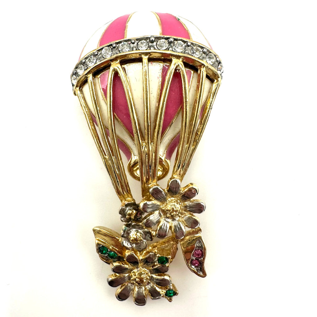 Butler vintage gold silver tone pink enamel hot air balloon rhinestones brooch