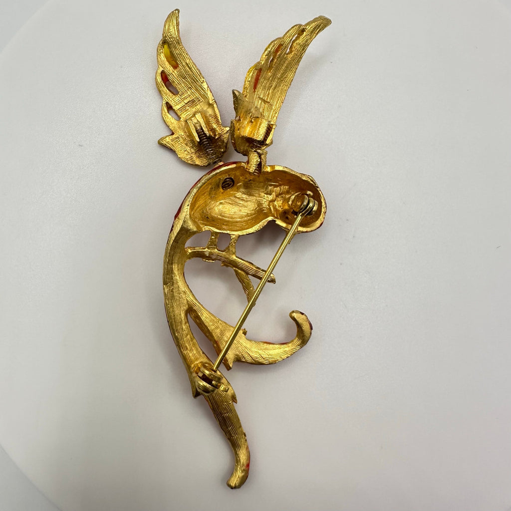 Vintage gold tone trembler en tremblant red enamel phoenix bird brooch