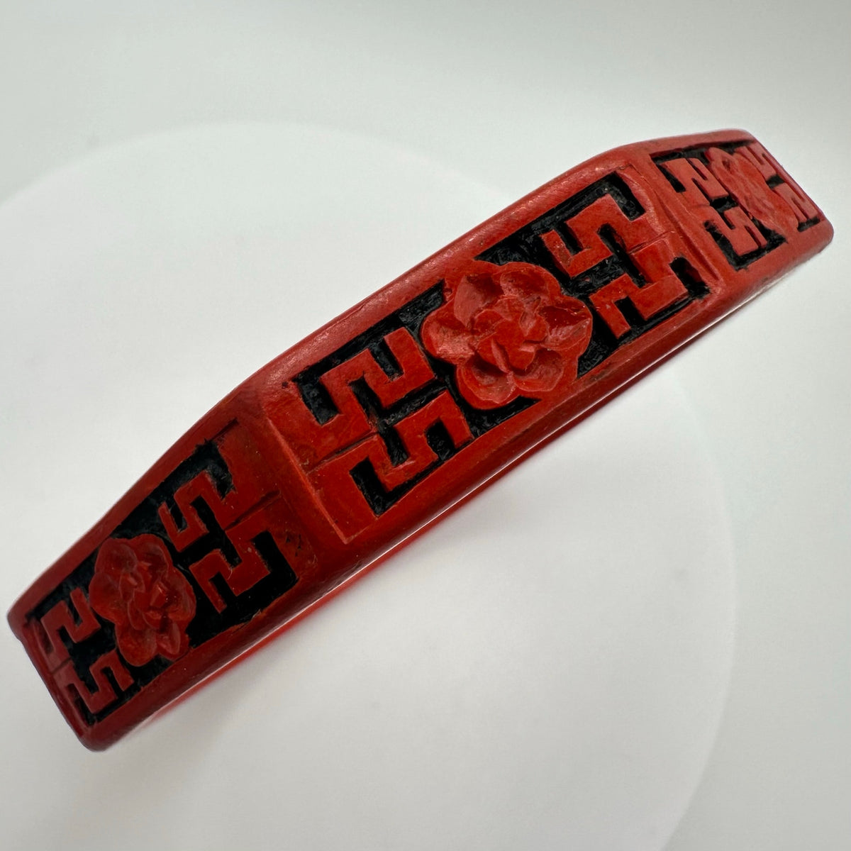 Vintage red Cinnabar Chinese octagonal carved floral black bangle bracelet