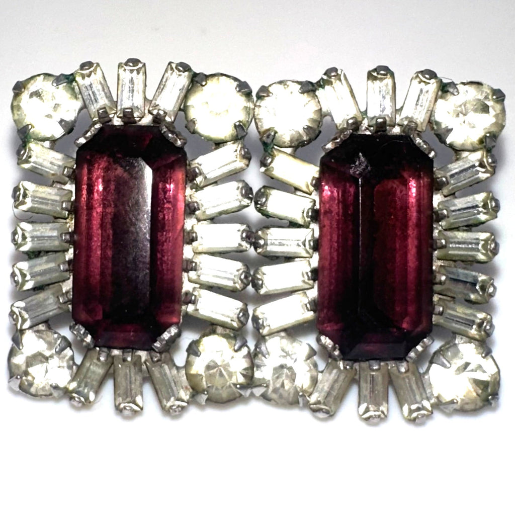 1940s vintage sterling silver purple clear glass rhinestones screw back earrings