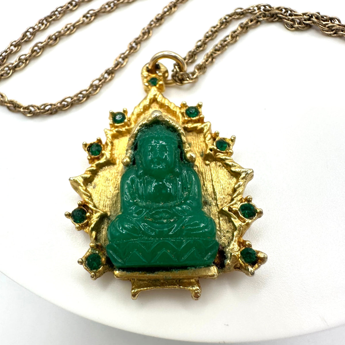 Vintage gold tone green faux jade art glass Buddha pendant 24" chain necklace