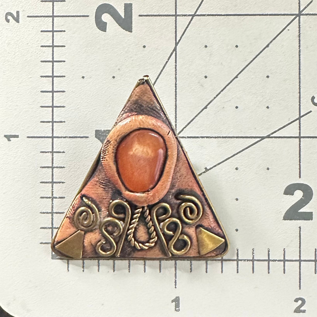 Vintage gold tone brass genuine carnelian handmade triangle modernist brooch