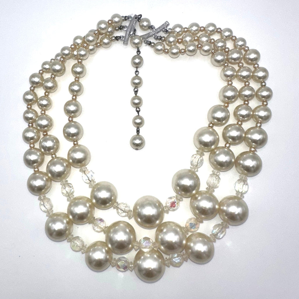 Japan vintage 3 multi strand lucite faux pearls AB beaded graduated necklace