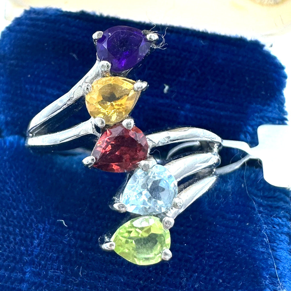 NWT silver stainless steel 5 real semiprecious gemstones multicolor ring 6.5