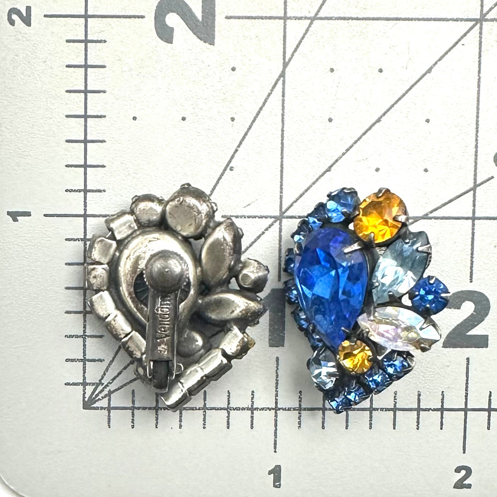 Vendome silver tone aurora borealis AB blue orange rhinestones clip on earrings