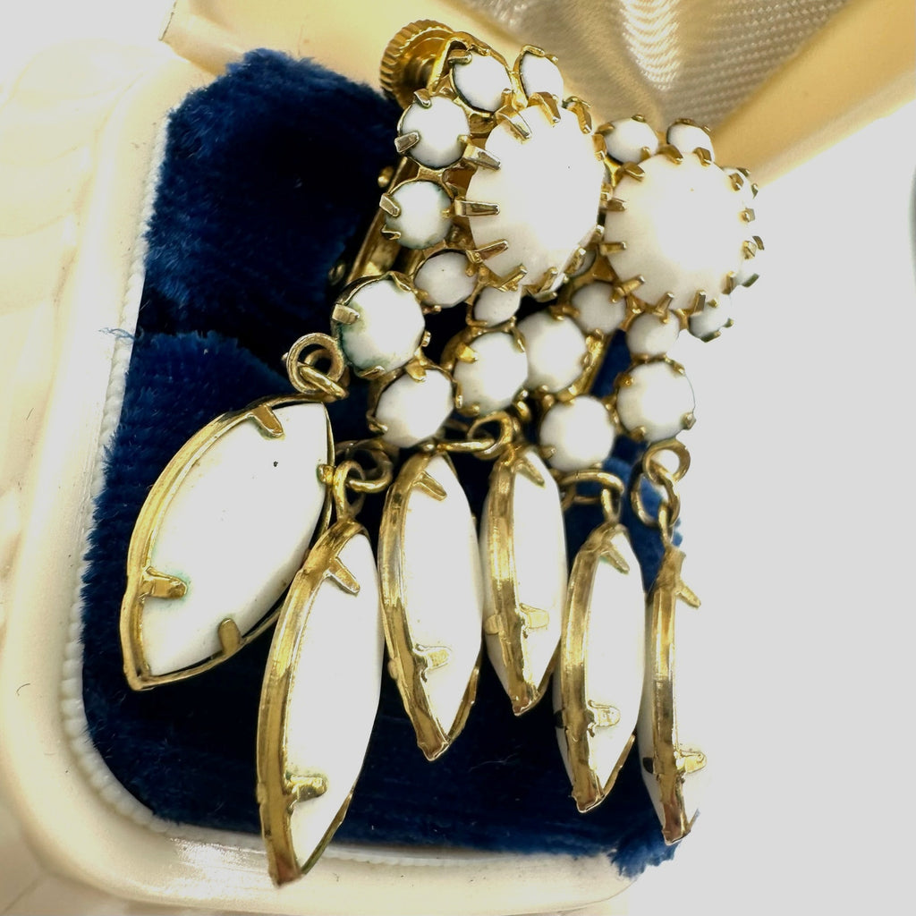 Vendome gold tone white milk glass rhinestones dangle clip on earrings
