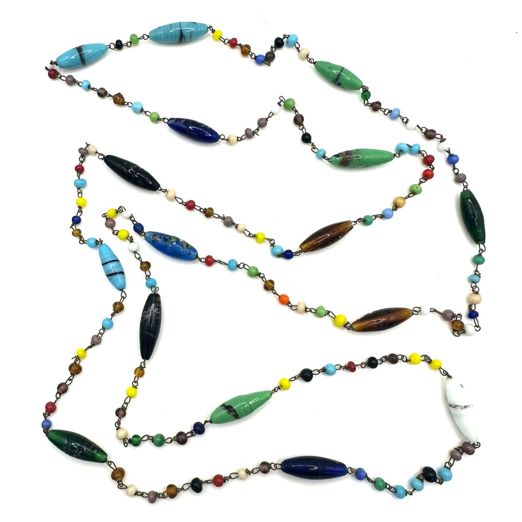 Antique Art Deco Czech art glass multicolor beads beaded brass 51" necklace