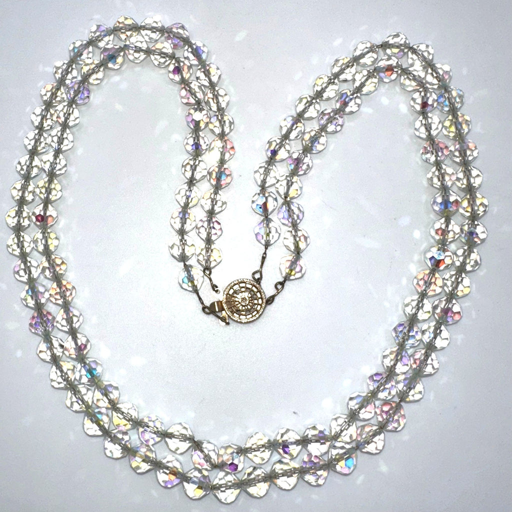 Vintage 2 double strand clear faceted glass aurora borealis AB beaded necklace