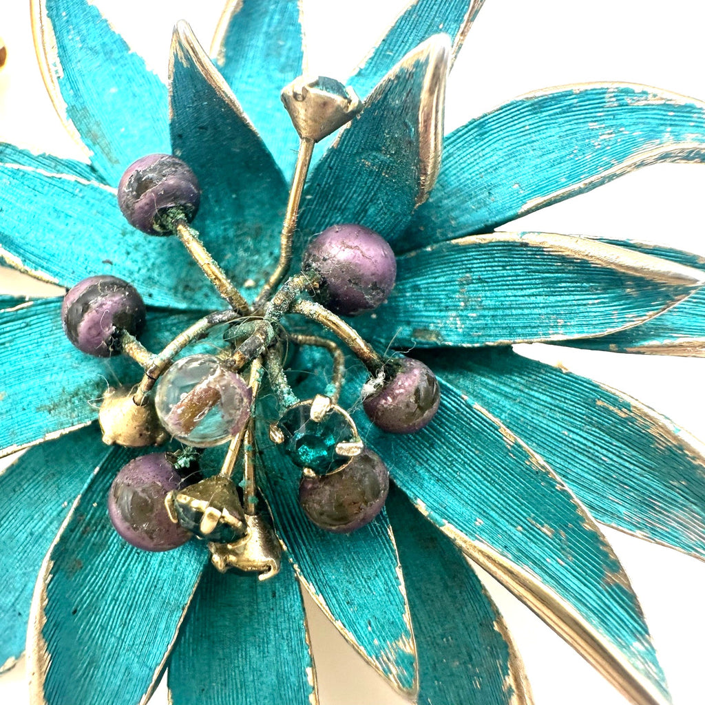 Bundle lot 2 Kramer signed vintage gold tone teal flowers floral brooches
