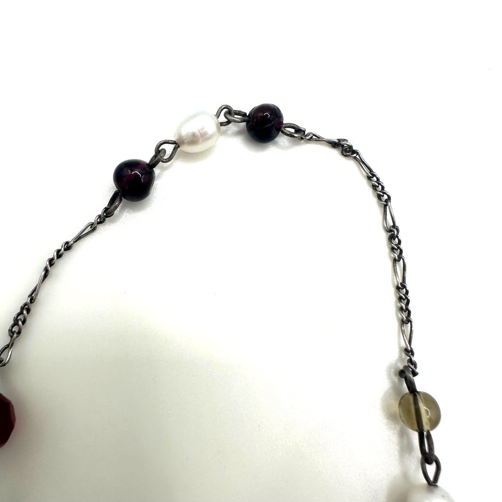 Vintage 925 sterling silver real pearls garnets quartz beaded chain 19" necklace