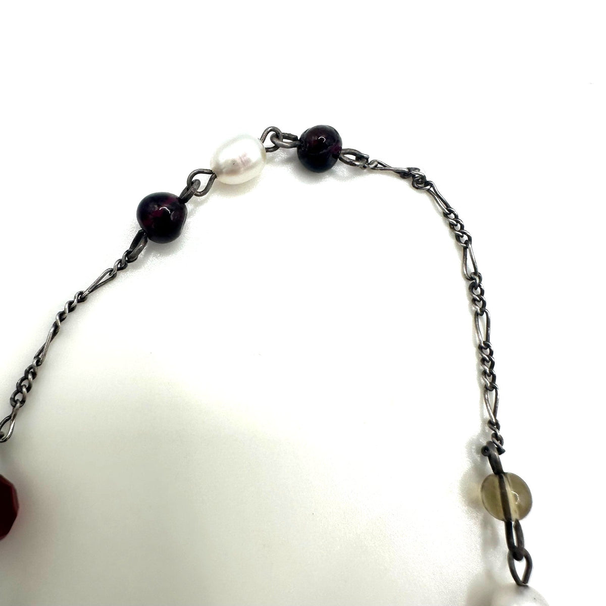 Vintage 925 sterling silver real pearls garnets quartz beaded chain 19" necklace