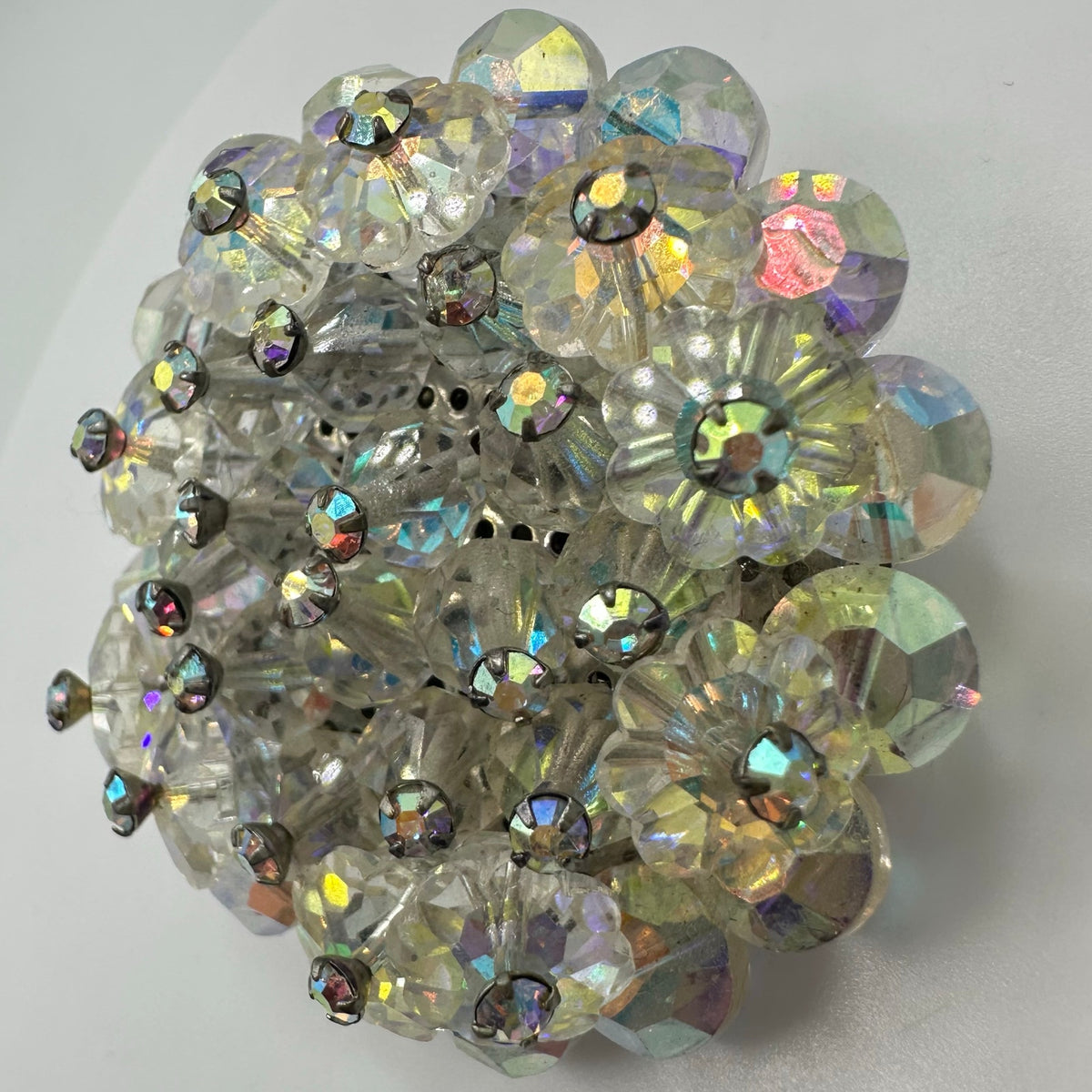 Vintage silver tone AB aurora borealis glass beaded margarita rhinestones brooch