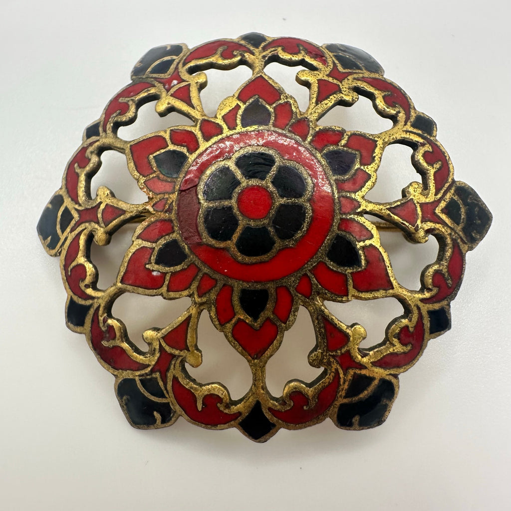 Antique 1890s Victorian French red black champlevé enamel openwork brass brooch
