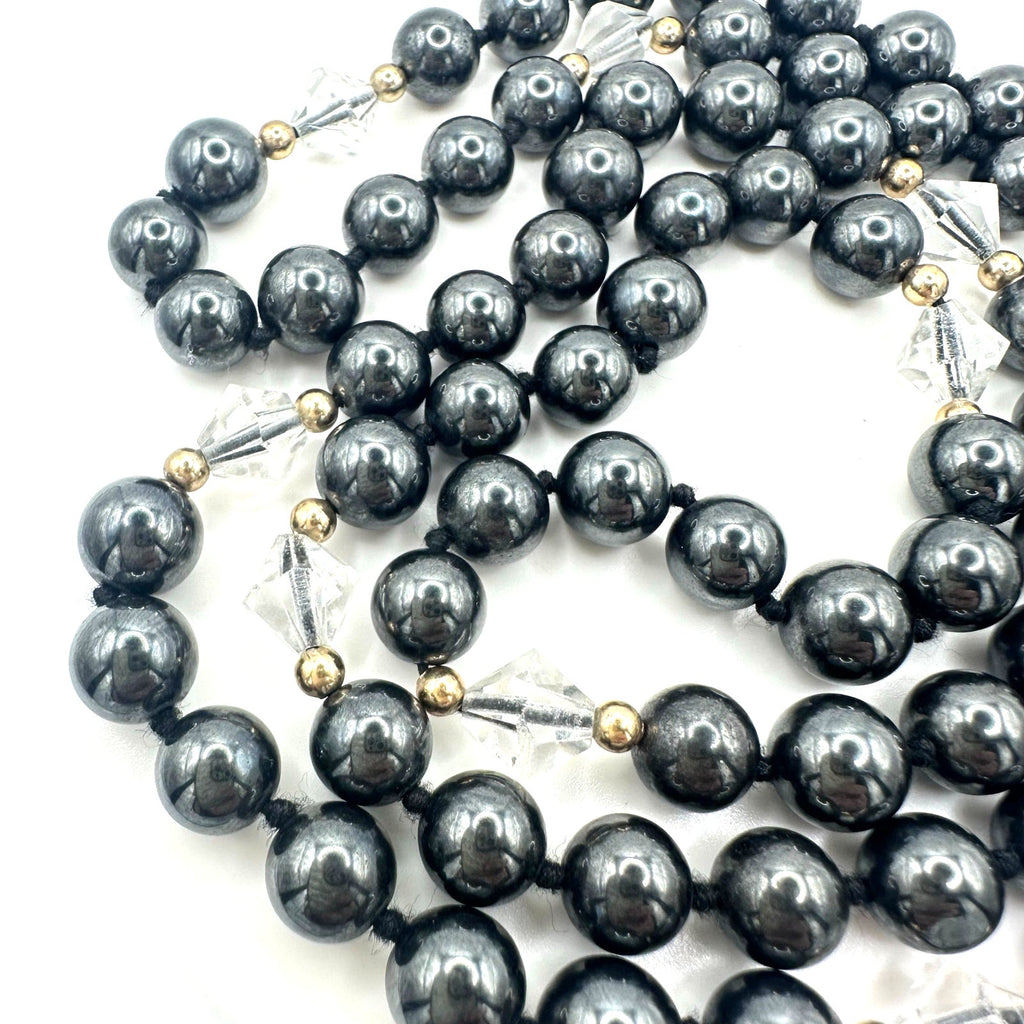 Silver semiprecious hematite clear glass 8mm beads beaded hand knotted necklace