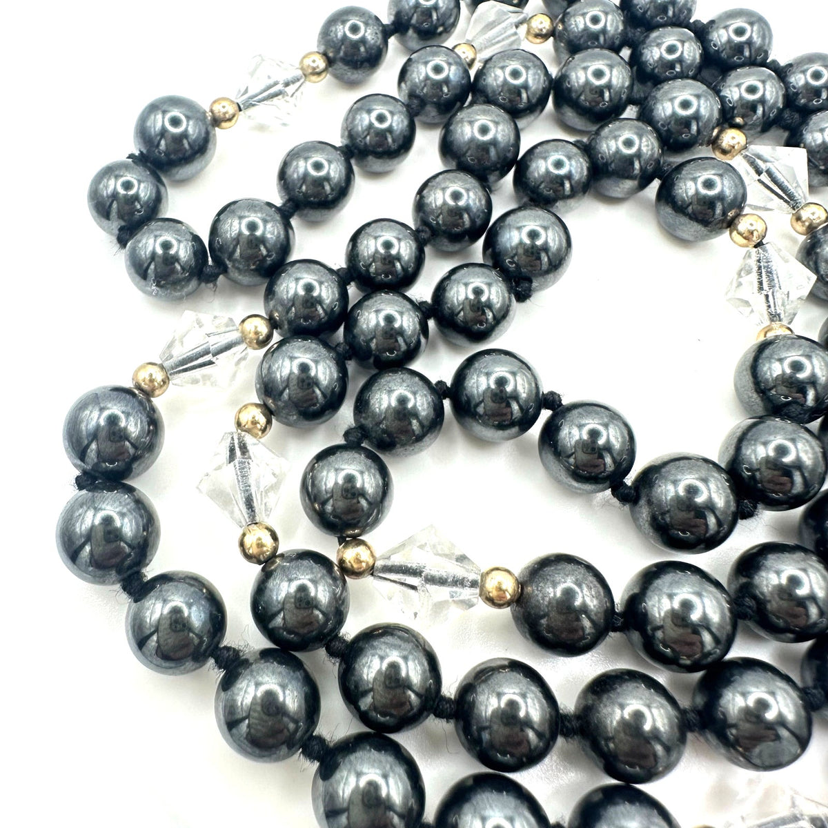 Silver semiprecious hematite clear glass 8mm beads beaded hand knotted necklace