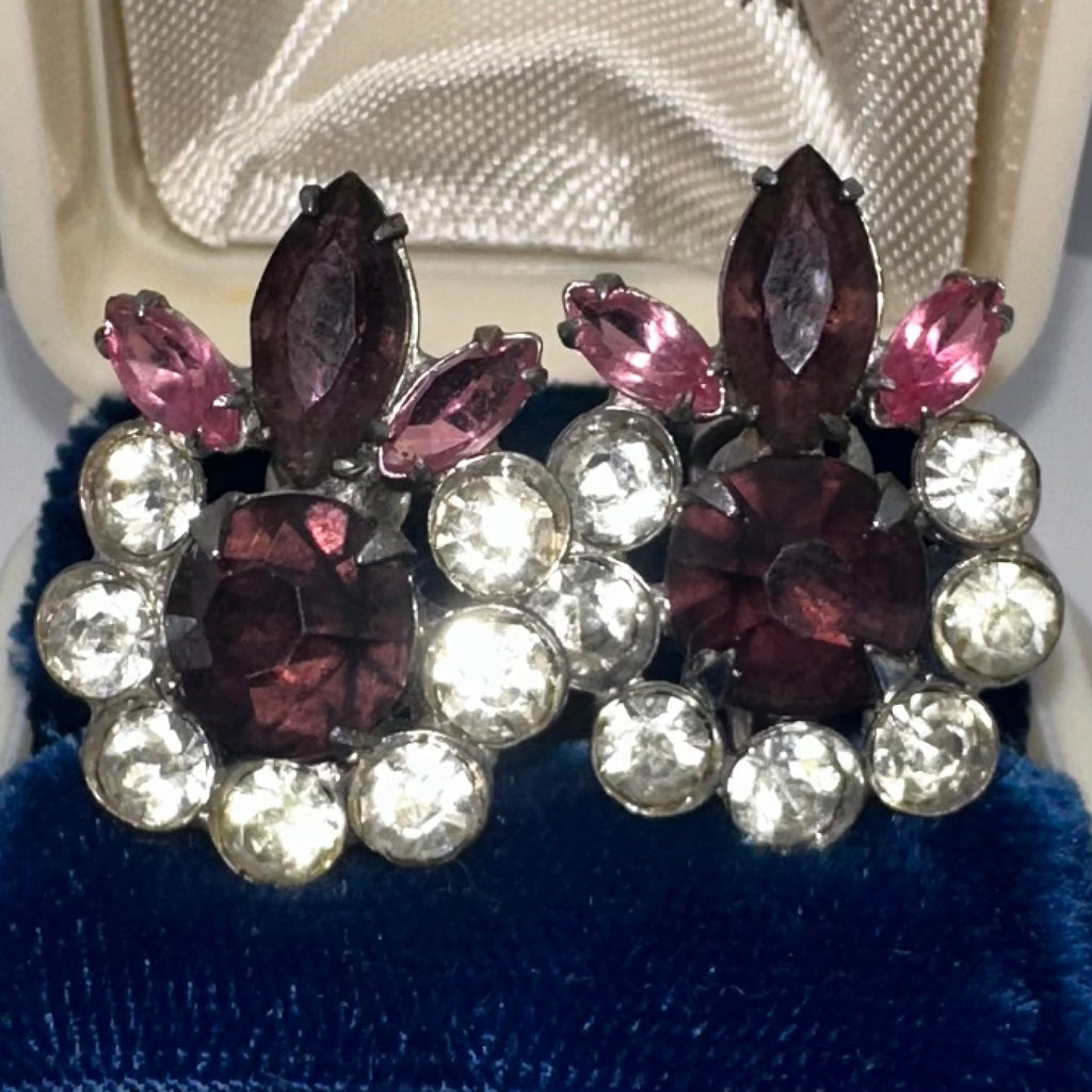 Vintage silver tone pink purple clear glass rhinestones screw back earrings
