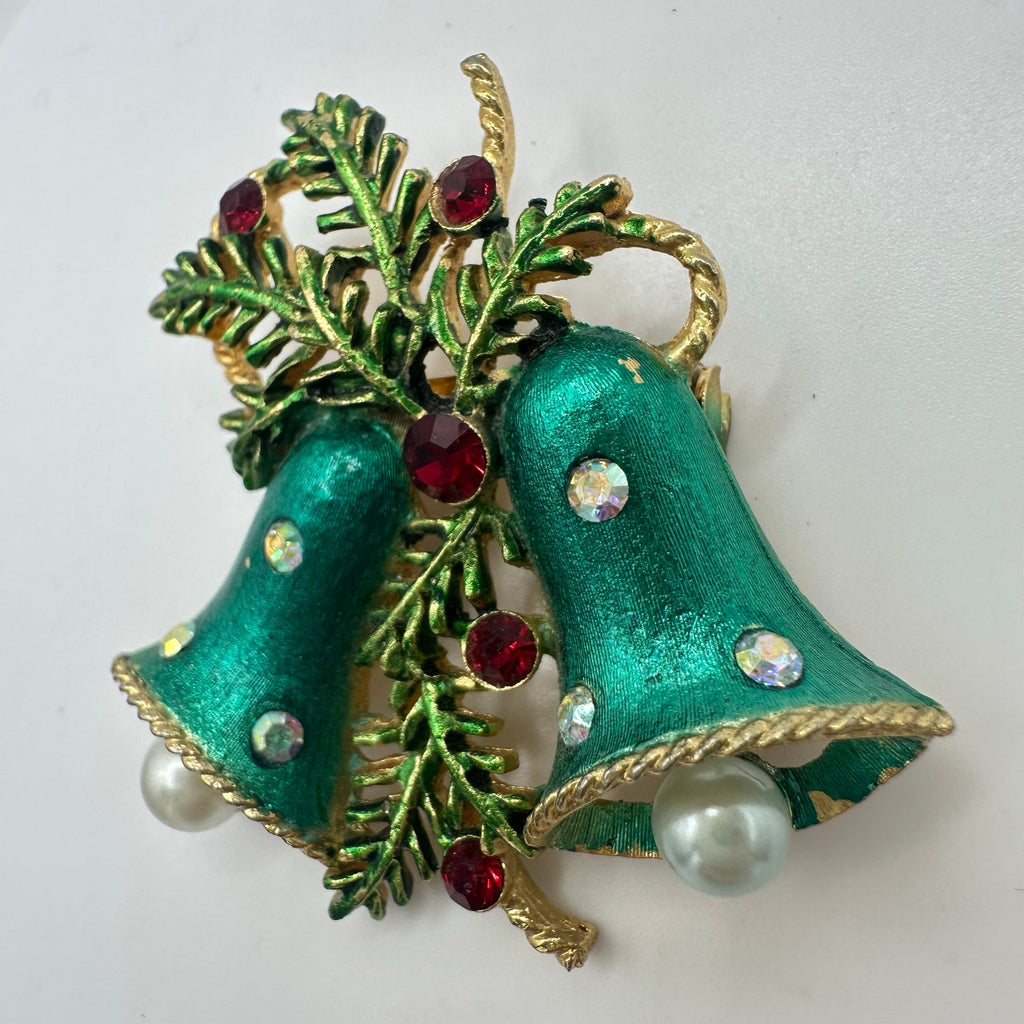 Vintage gold tone AB red rhinestones green enamel Christmas bells brooch