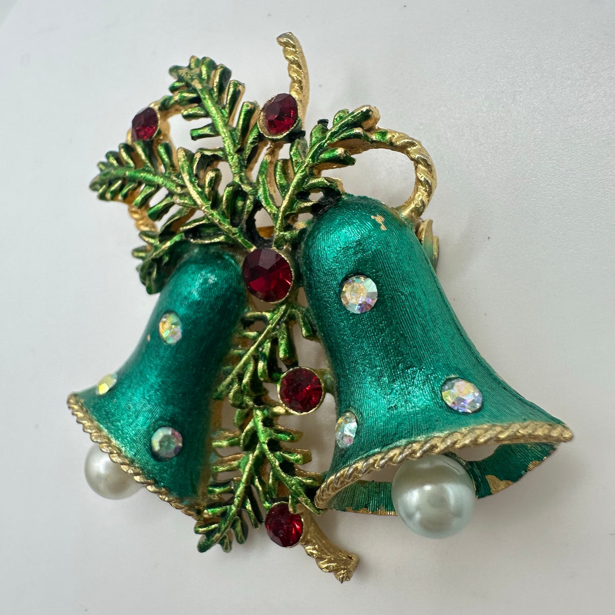 Vintage gold tone AB red rhinestones green enamel Christmas bells brooch
