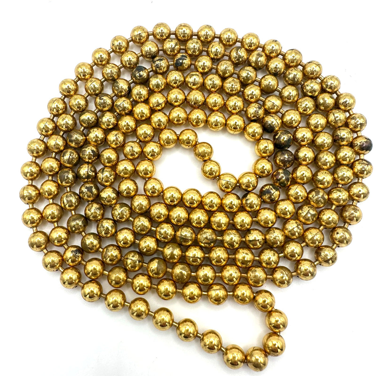 Antique Art Deco 1930s gold tone brass 6mm ball beads pull chain 59” necklace