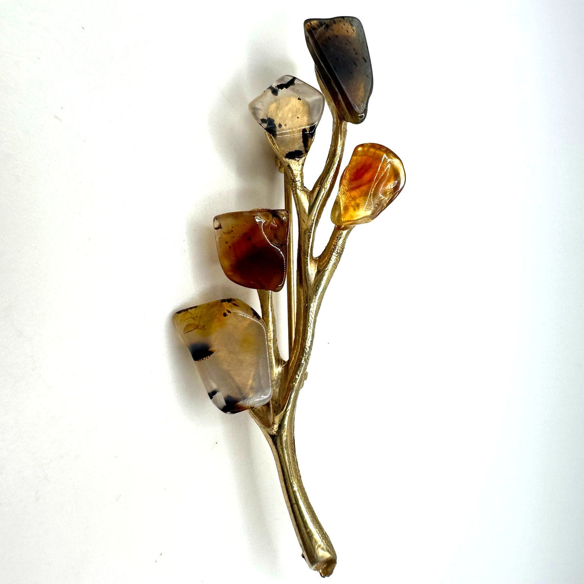Vintage gold tone genuine red carnelian banded black agate 5 stone floral brooch