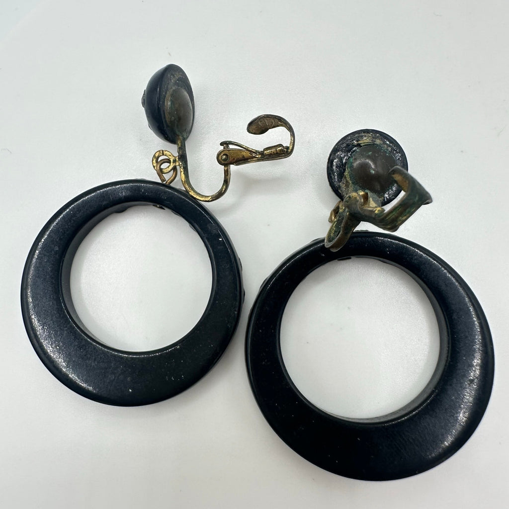 Vintage retro 1940s black lucite glass rhinestones dangle clip on earrings